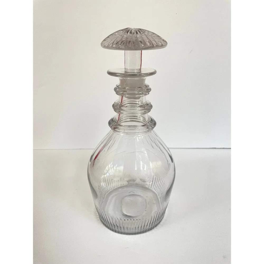 Anglo Irish Lead Glass Decanter Three Neck Rings Mushroom Stopper, Circa 1800's